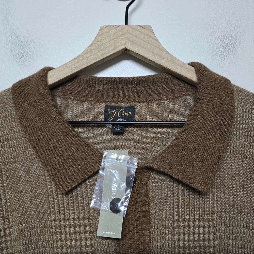 J. Crew Cashmere Cardigan Polo Button Up Sweater Brown Glen Plaid Sz XXL Dadcore